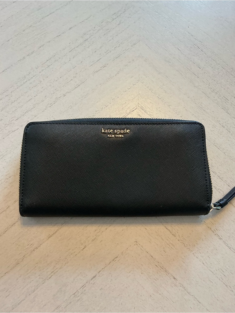 kate spade Black Saffiano Zip Wallet with Gold Logo